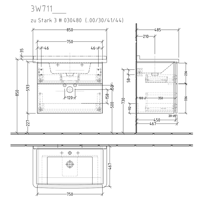 Sanipa 3way Waschtischunterbau für Keramik-Waschtisch Starck 3 85 cm, 2 Auszüge mit Griffleisten