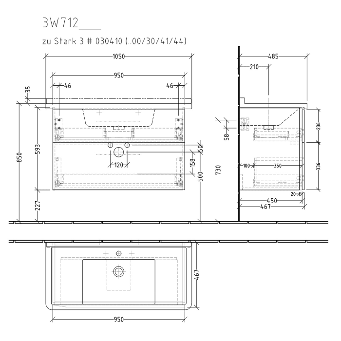 Sanipa 3way Waschtischunterbau für Keramik-Waschtisch Starck 3 105 cm, 2 Auszüge mit Griffleisten