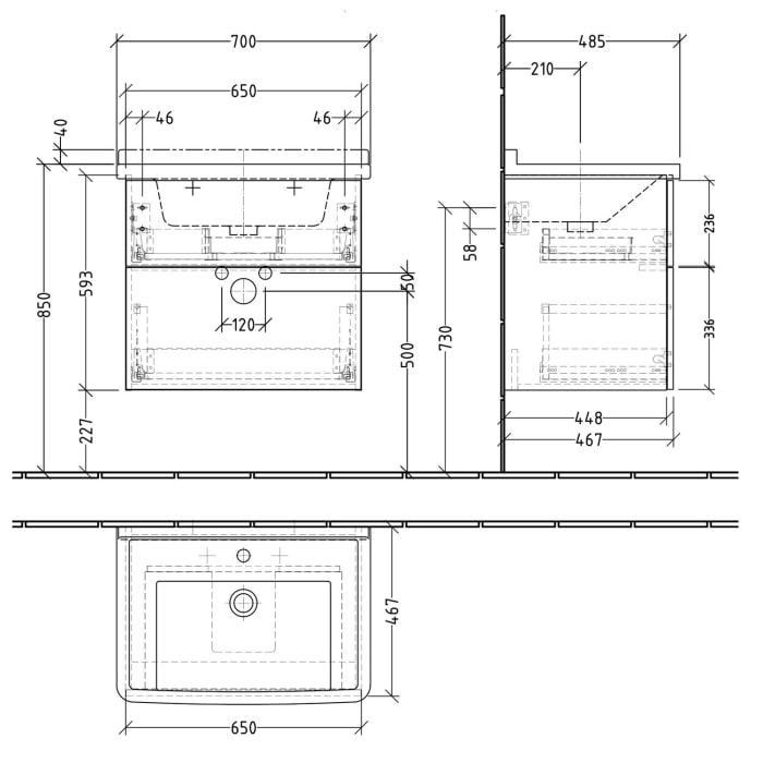Sanipa 3way Waschtischunterbau für Keramik-Waschtisch Starck 3 70 cm, 2 Auszüge mit Push to open