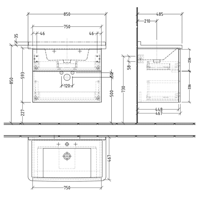 Sanipa 3way Waschtischunterbau für Keramik-Waschtisch Starck 3 85 cm, 2 Auszüge mit Push to open