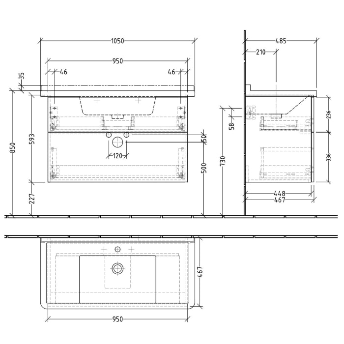 Sanipa 3way Waschtischunterbau für Keramik-Waschtisch Starck 3 105 cm, 2 Auszüge mit Push to open