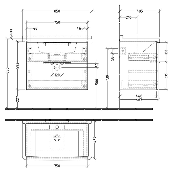 Sanipa 3way Waschtischunterbau für Keramik-Waschtisch Starck 3 85 cm, 2 Auszüge mit Aufsatzgriff