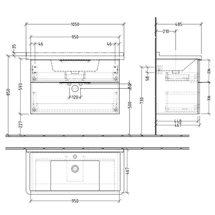 Sanipa 3way Waschtischunterbau für Keramik-Waschtisch Starck 3 105 cm, 2 Auszüge mit Aufsatzgriff