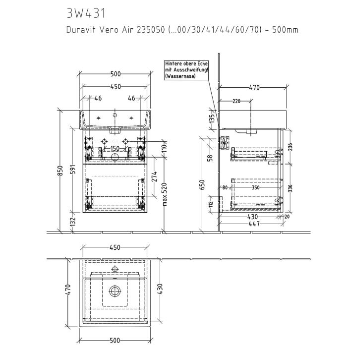 Sanipa 3way Waschtischunterbau für Keramik-Waschtisch Vero Air 50 cm, 2 Auszüge mit Griffleisten