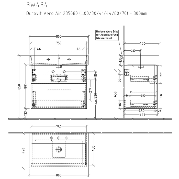 Sanipa 3way Waschtischunterbau für Keramik-Waschtisch Vero Air 80 cm, 2 Auszüge mit Griffleisten