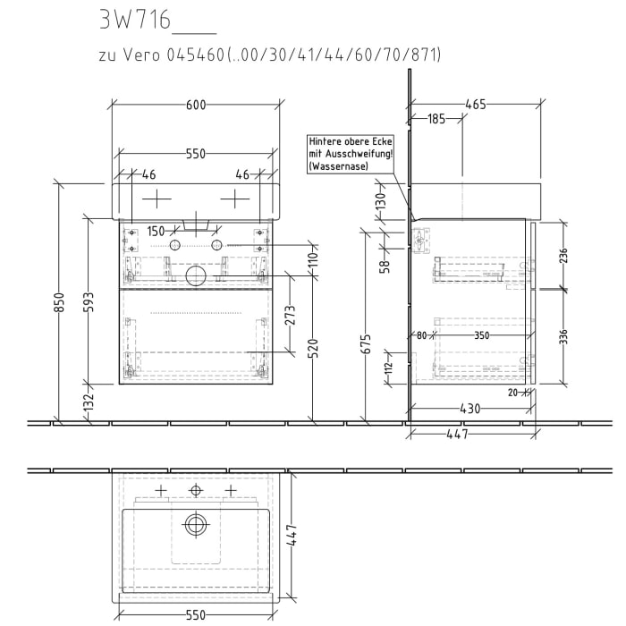 Sanipa 3way Waschtischunterbau für Keramik-Waschtisch Vero 60 cm, 2 Auszüge mit Griffleisten