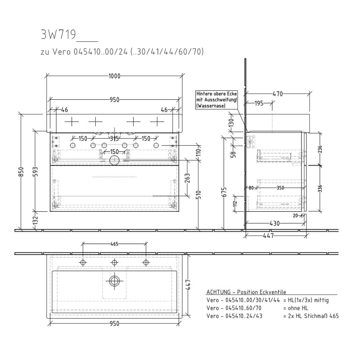 Sanipa 3way Waschtischunterbau für Keramik-Waschtisch Vero 100 cm, 2 Auszüge mit Griffleisten