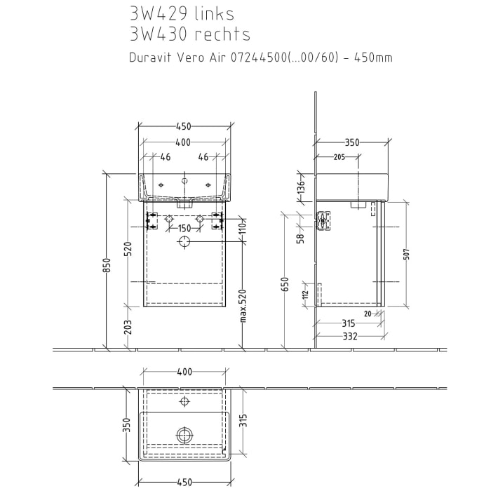Sanipa 3way Waschtischunterbau für Keramik-Waschtisch Vero Air 45 cm, 1 Tür, Anschlag rechts, mit Griffleiste