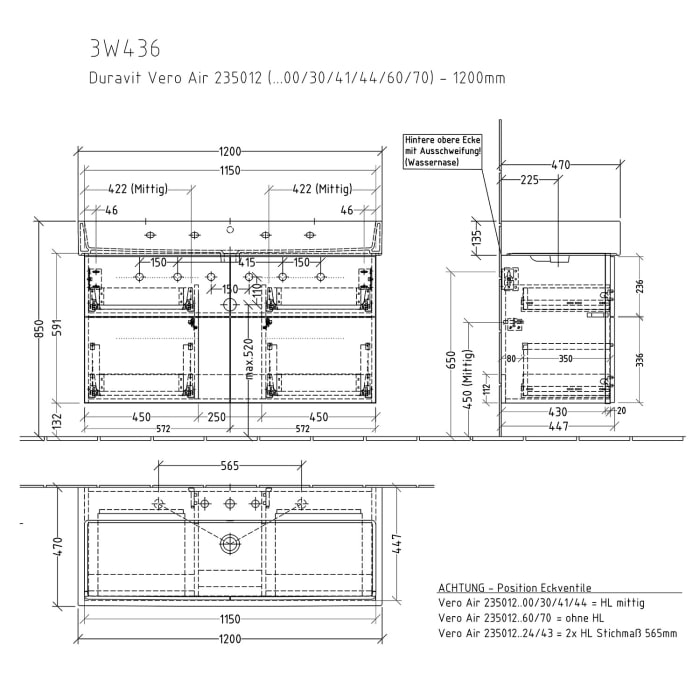 Sanipa 3way Waschtischunterbau für Keramik-Waschtisch Vero Air 120 cm, 4 Auszüge mit Griffleisten