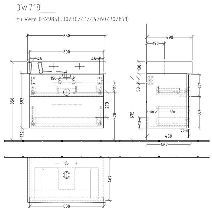 Sanipa 3way Waschtischunterbau für Keramik-Waschtisch Vero 85 cm, 2 Auszüge mit Griffleisten
