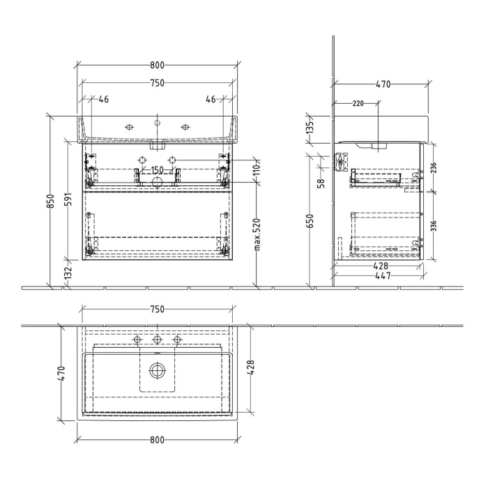 Sanipa 3way Waschtischunterbau für Keramik-Waschtisch Vero Air 80 cm, 2 Auszüge mit Push to open