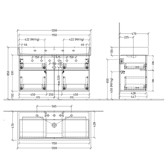 Sanipa 3way Waschtischunterbau für Keramik-Waschtisch Vero Air 120 cm, 4 Auszüge mit Push to open