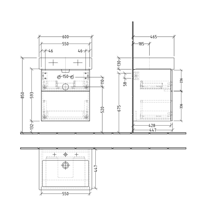 Sanipa 3way Waschtischunterbau für Keramik-Waschtisch Vero 60 cm, 2 Auszüge mit Push to open