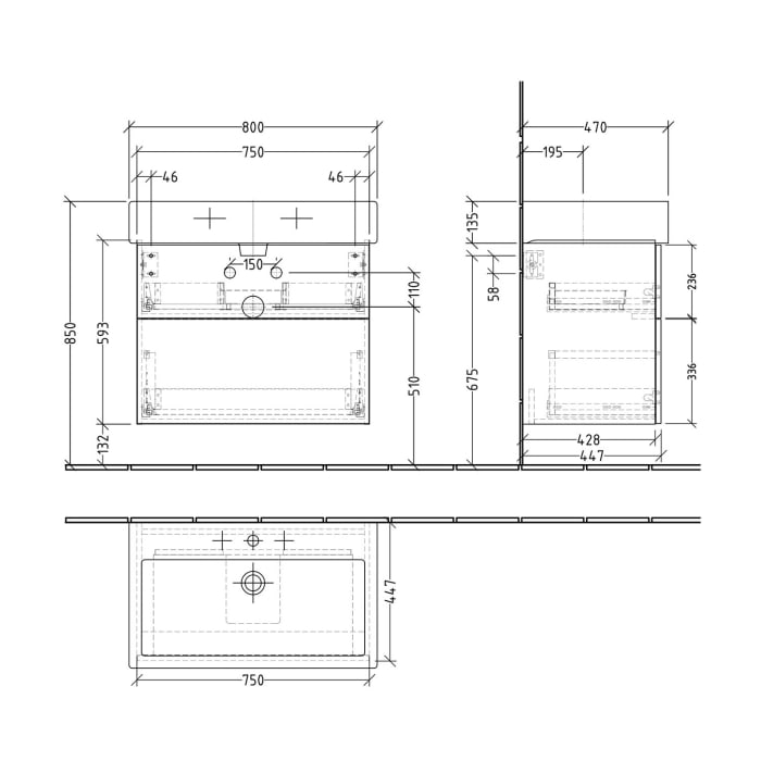 Sanipa 3way Waschtischunterbau für Keramik-Waschtisch Vero 80 cm, 2 Auszüge mit Push to open