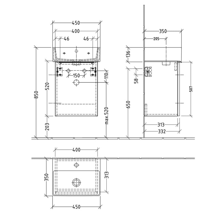 Sanipa 3way Waschtischunterbau für Keramik-Waschtisch Vero Air 45 cm, 1 Tür, Anschlag links, mit Aufsatzgriff