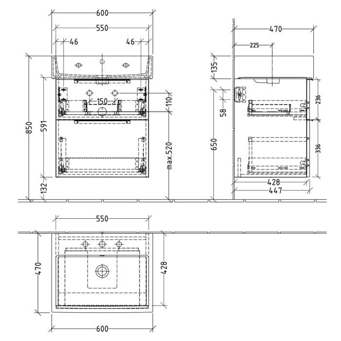 Sanipa 3way Waschtischunterbau für Keramik-Waschtisch Vero Air 60 cm, 2 Auszüge mit Aufsatzgriff