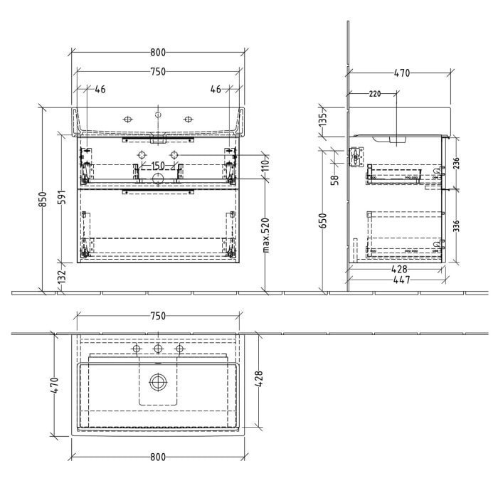 Sanipa 3way Waschtischunterbau für Keramik-Waschtisch Vero Air 80 cm, 2 Auszüge mit Aufsatzgriff