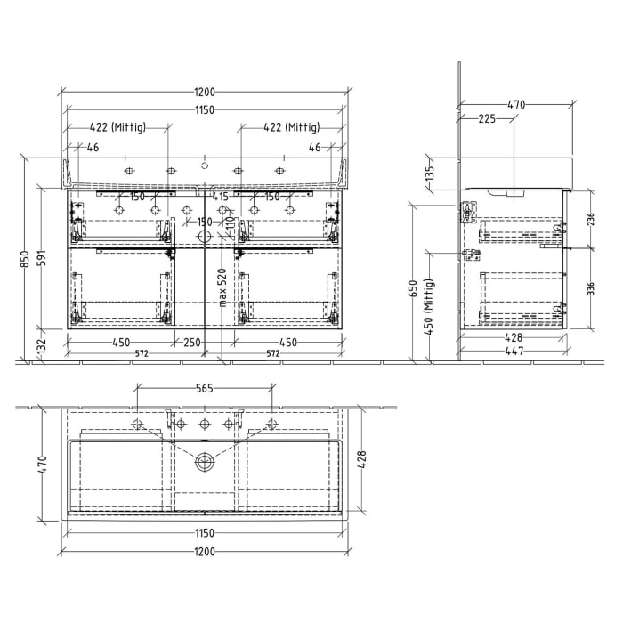 Sanipa 3way Waschtischunterbau für Keramik-Waschtisch Vero Air 120 cm, 4 Auszüge mit Aufsatzgriff