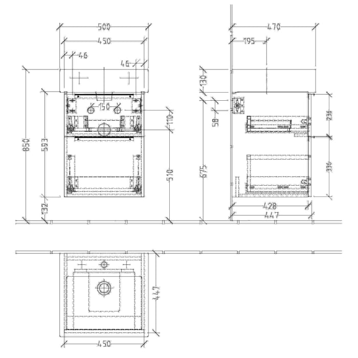 Sanipa 3way Waschtischunterbau für Keramik-Waschtisch Vero 50 cm, 2 Auszüge mit Aufsatzgriff