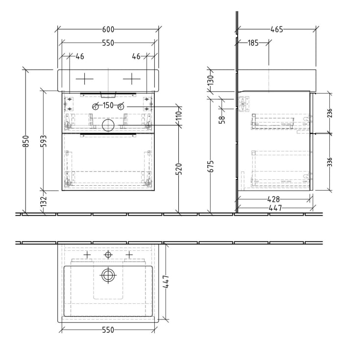 Sanipa 3way Waschtischunterbau für Keramik-Waschtisch Vero 60 cm, 2 Auszüge mit Aufsatzgriff