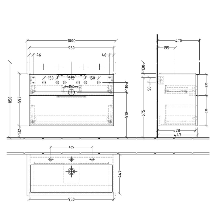Sanipa 3way Waschtischunterbau für Keramik-Waschtisch Vero 100 cm, 2 Auszüge mit Aufsatzgriff