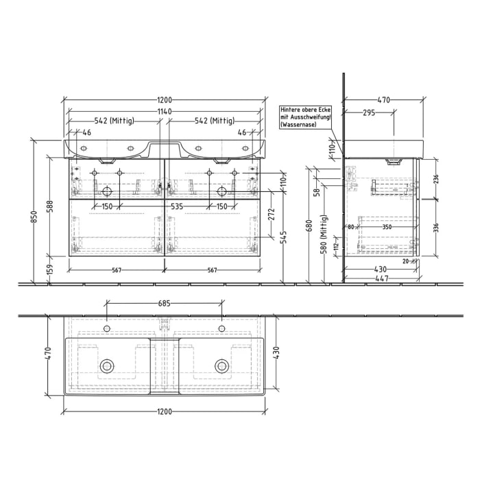 Sanipa 3way Waschtischunterbau für Keramik-Waschtisch Dura Square 120 cm, 4 Auszüge mit Griffleiste