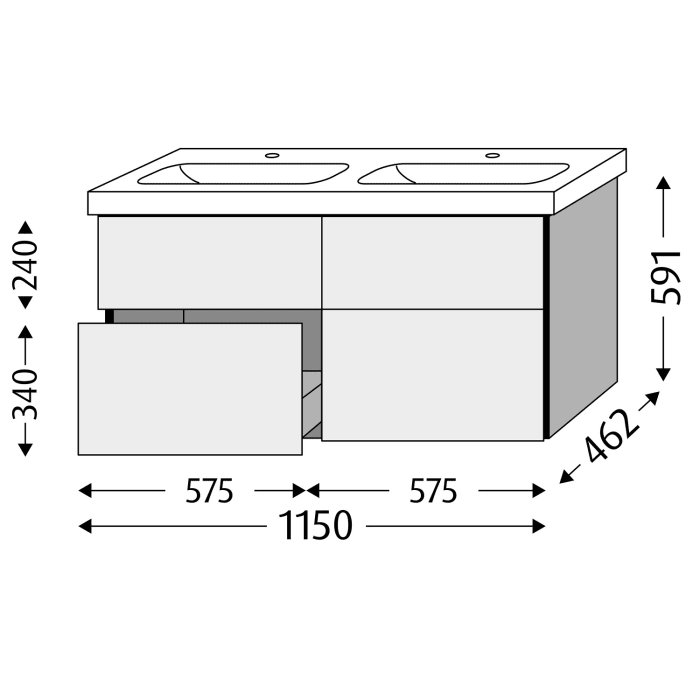 Sanipa 3way Waschtischunterbau für Keramik-Doppelwaschtisch iCon Light 120 cm, 4 Auszüge mit Griffleisten