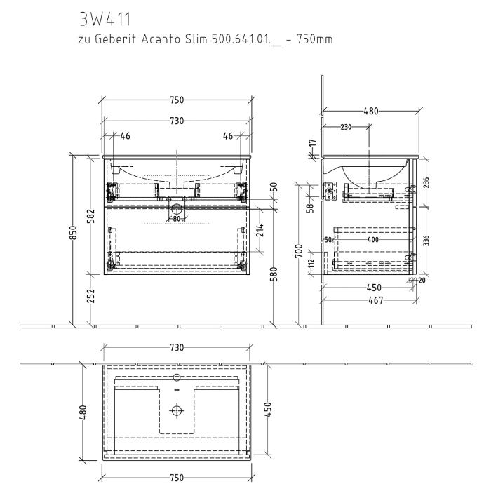 Sanipa 3way Waschtischunterbau für Keramik-Waschtisch Acanto Slim 75 cm, 2 Auszüge mit Griffleisten