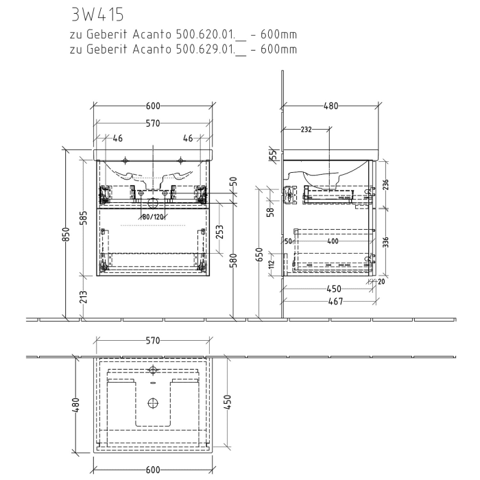 Sanipa 3way Waschtischunterbau für Keramik-Waschtisch Acanto 60 cm, 2 Auszüge mit Griffleisten