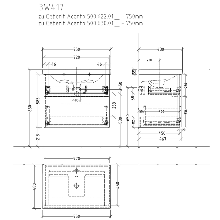 Sanipa 3way Waschtischunterbau für Keramik-Waschtisch Acanto 75 cm, 2 Auszüge mit Griffleisten