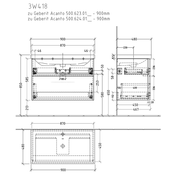 Sanipa 3way Waschtischunterbau für Keramik-Waschtisch Acanto 90 cm, 2 Auszüge mit Griffleisten