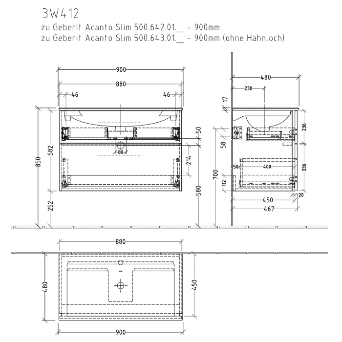 Sanipa 3way Waschtischunterbau für Keramik-Waschtisch Acanto Slim 90 cm, 2 Auszüge mit Griffleisten