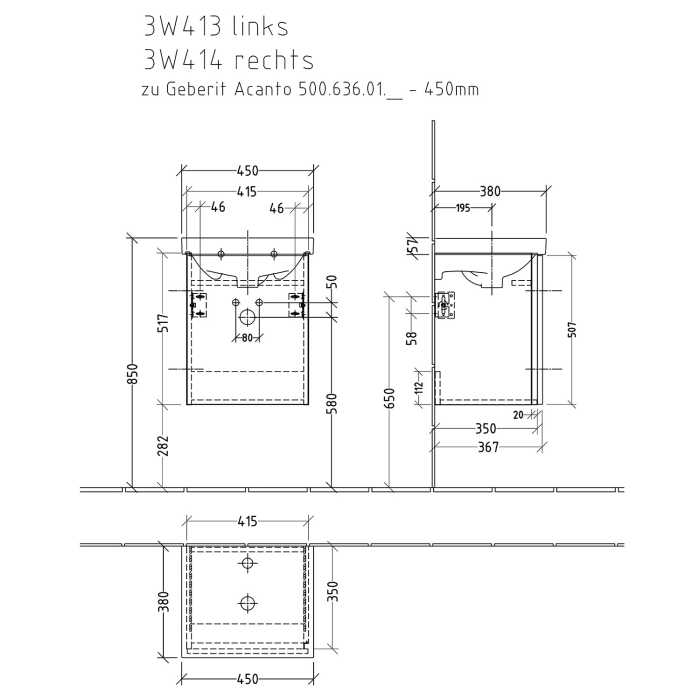 Sanipa 3way Waschtischunterbau für Keramik-Waschtisch Acanto 45 cm, 1 Tür, Anschlag links, mit Griffleiste