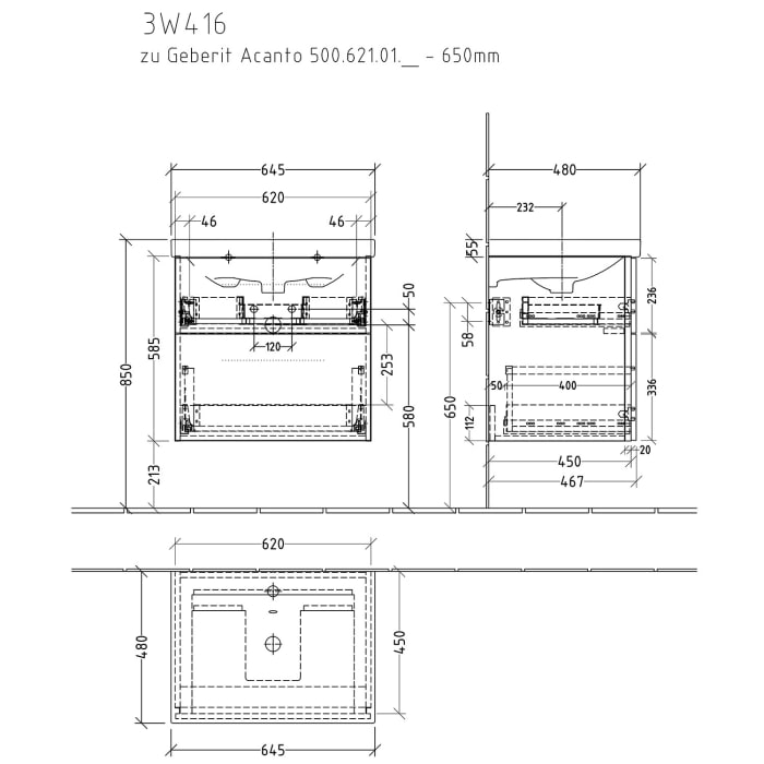 Sanipa 3way Waschtischunterbau für Keramik-Waschtisch Acanto 65 cm, 2 Auszüge mit Griffleisten
