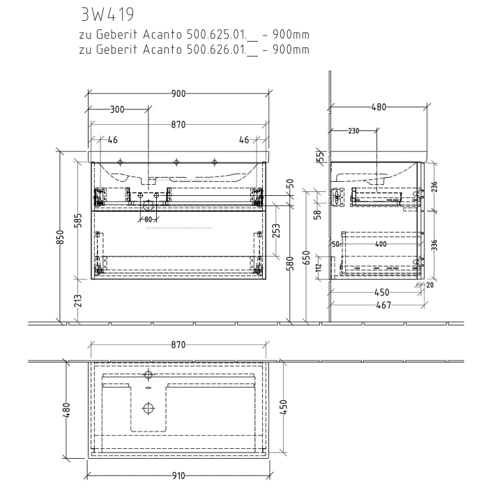 Sanipa 3way Waschtischunterbau für Keramik-Waschtisch Acanto 90 cm Ablagefläche rechts, 2 Auszüge mit Griffleisten