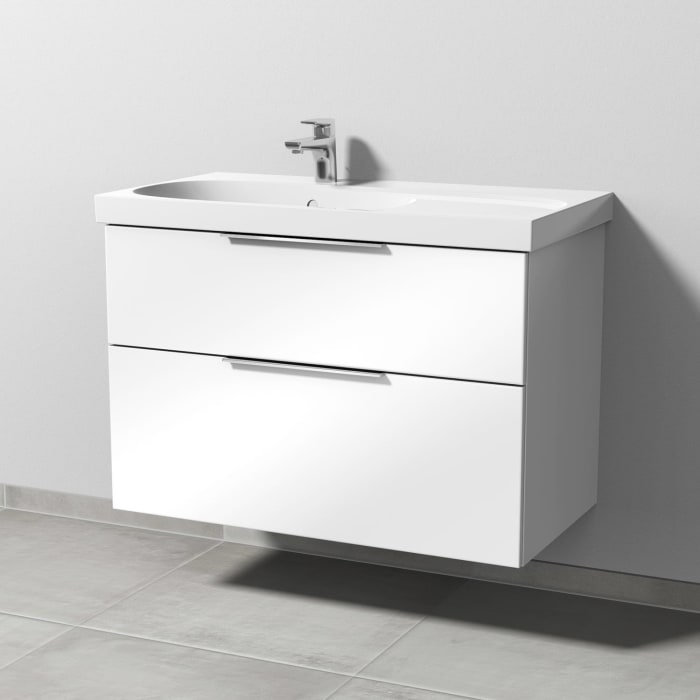 Sanipa 3way Waschtischunterbau für Keramik-Waschtisch Acanto 90 cm Ablagefläche rechts, 2 Auszüge mit Aufsatzgriff