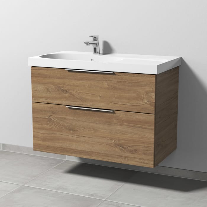 Sanipa 3way Waschtischunterbau für Keramik-Waschtisch Acanto 90 cm Ablagefläche rechts, 2 Auszüge mit Aufsatzgriff