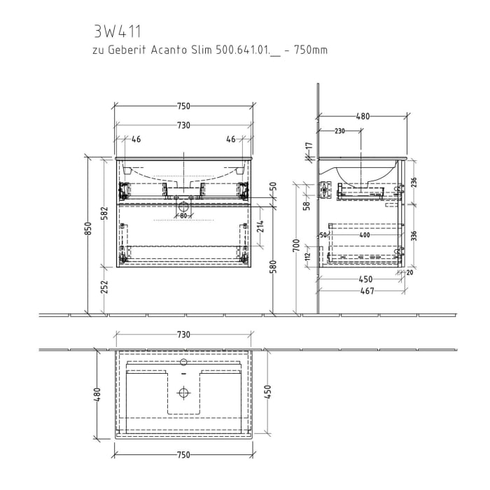 Sanipa 3way Waschtischunterbau für Keramik-Waschtisch Acanto Slim 75 cm, 2 Auszüge mit Griffleisten