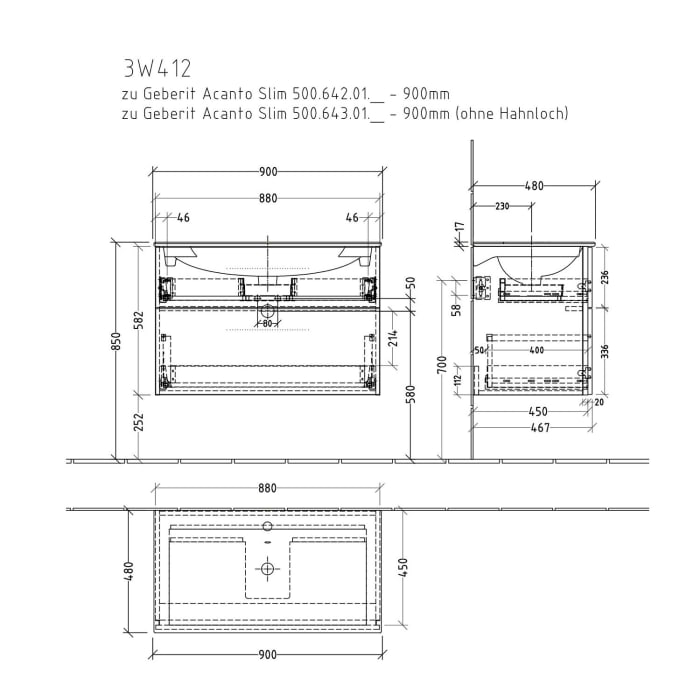 Sanipa 3way Waschtischunterbau für Keramik-Waschtisch Acanto Slim 90 cm, 2 Auszüge mit Griffleisten