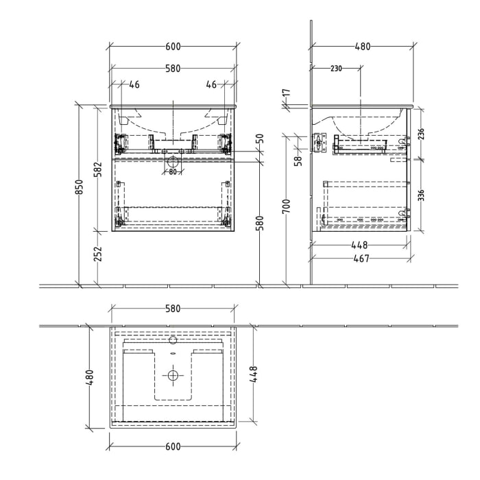 Sanipa 3way Waschtischunterbau für Keramik-Waschtisch Acanto Slim 60 cm, 2 Auszüge mit Push to open