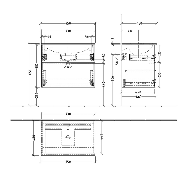 Sanipa 3way Waschtischunterbau für Keramik-Waschtisch Acanto Slim 75 cm, 2 Auszüge mit Push to open