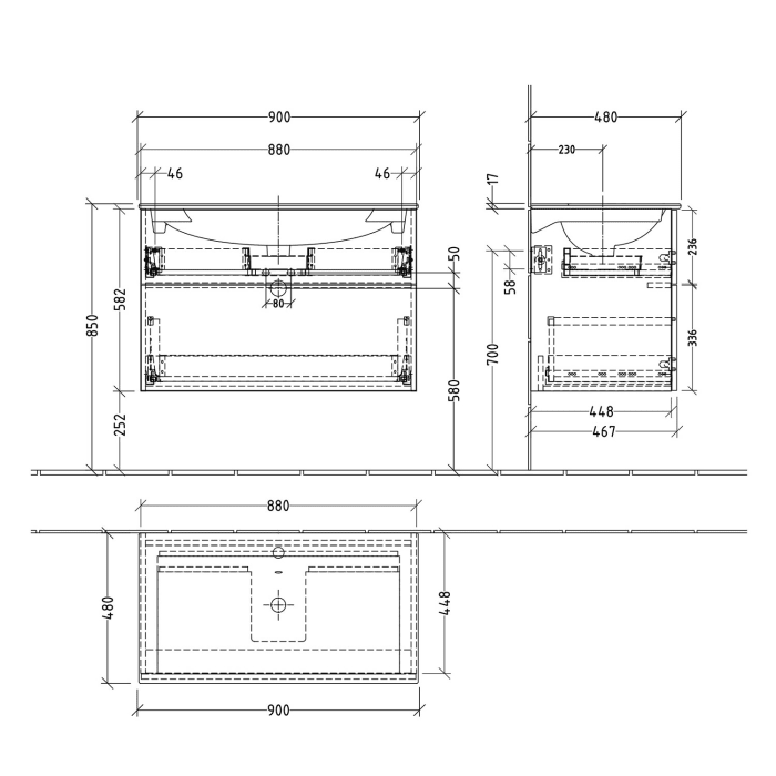 Sanipa 3way Waschtischunterbau für Keramik-Waschtisch Acanto Slim 90 cm, 2 Auszüge mit Push to open