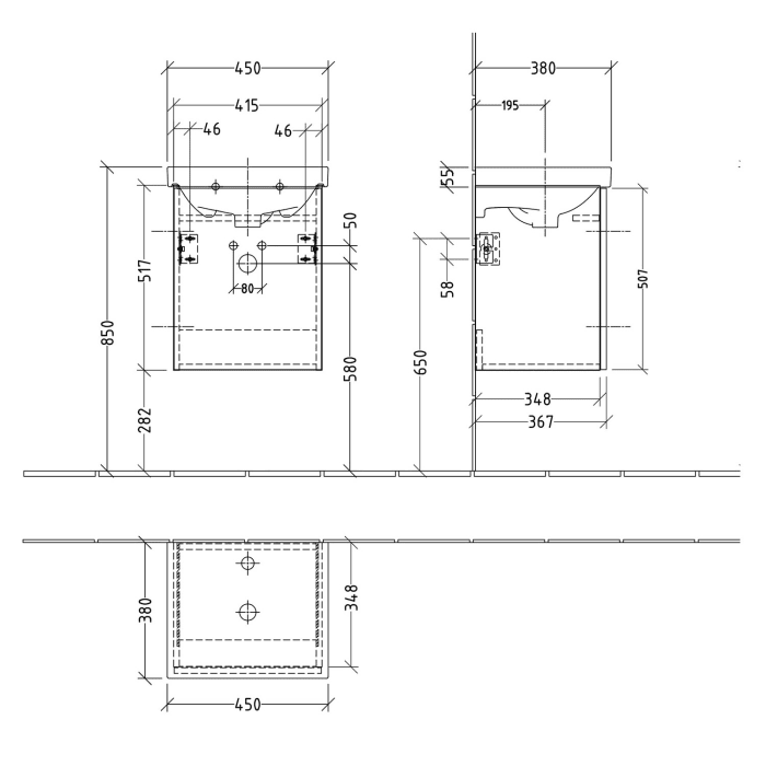 Sanipa 3way Waschtischunterbau für Keramik-Waschtisch Acanto 45 cm, 1 Tür , Anschlag rechts, mit Push to open