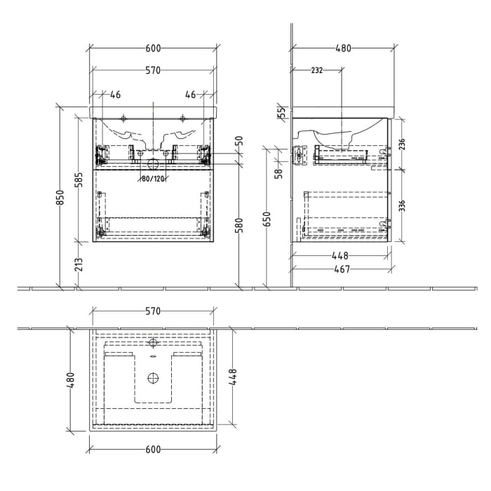 Sanipa 3way Waschtischunterbau für Keramik-Waschtisch Acanto 60 cm, 2 Auszüge mit Push to open