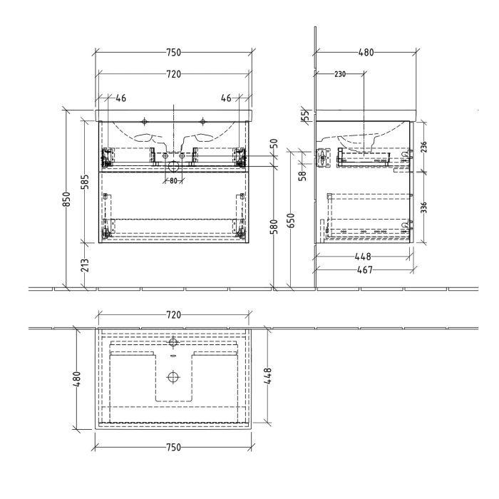 Sanipa 3way Waschtischunterbau für Keramik-Waschtisch Acanto 75 cm, 2 Auszüge mit Push to open