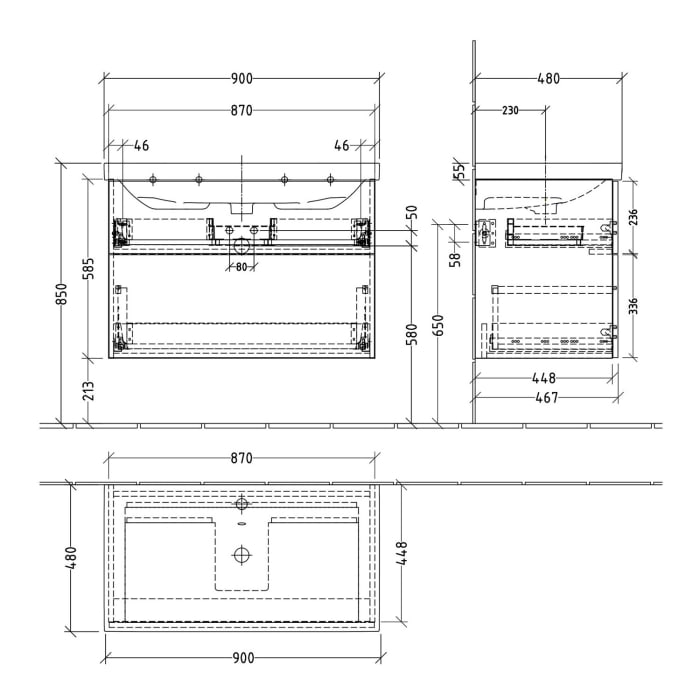 Sanipa 3way Waschtischunterbau für Keramik-Waschtisch Acanto 90 cm, 2 Auszüge mit Push to open