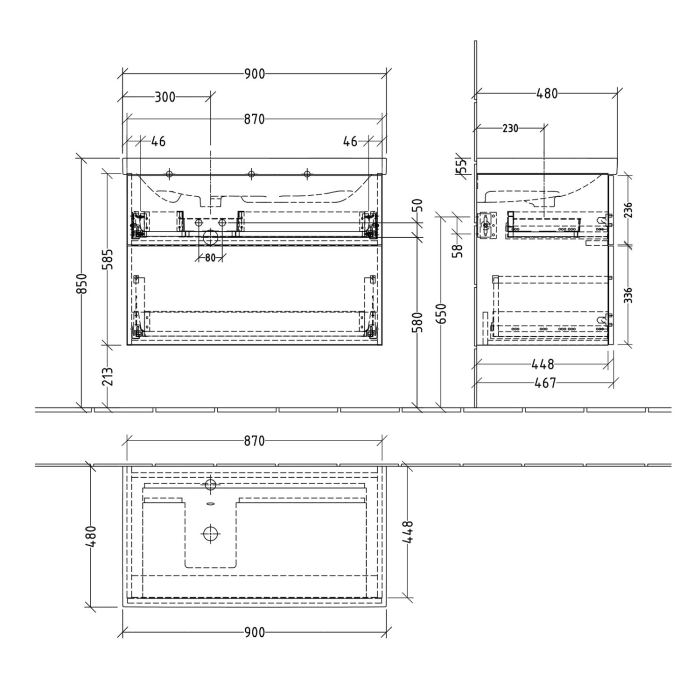 Sanipa 3way Waschtischunterbau für Keramik-Waschtisch Acanto 90 cm Ablagefläche rechts, 2 Auszüge mit Push to open