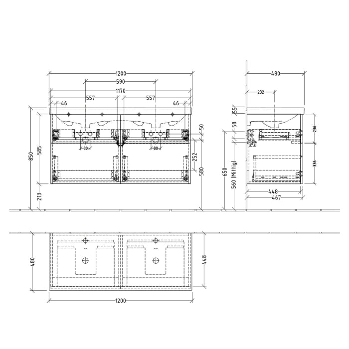 Sanipa 3way Waschtischunterbau für Keramik-Doppelwaschtisch Acanto 120 cm, 4 Auszüge mit Push to open