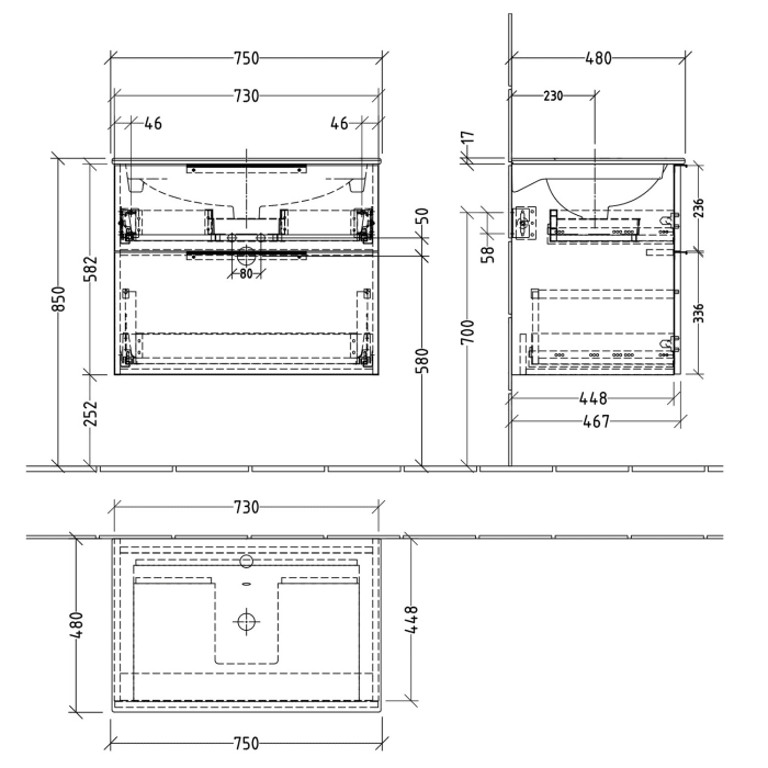 Sanipa 3way Waschtischunterbau für Keramik-Waschtisch Acanto Slim 75 cm, 2 Auszüge mit Aufsatzgriff