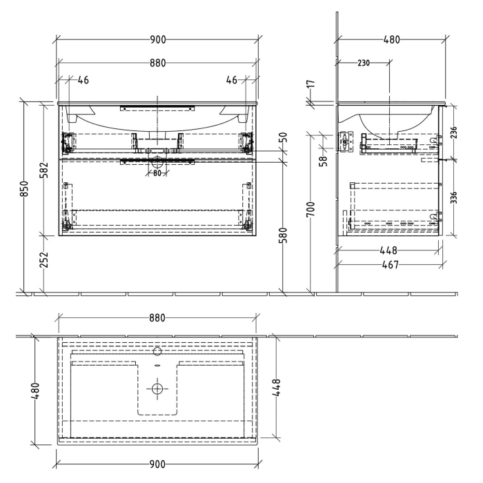 Sanipa 3way Waschtischunterbau für Keramik-Waschtisch Acanto Slim 90 cm, 2 Auszüge mit Aufsatzgriff